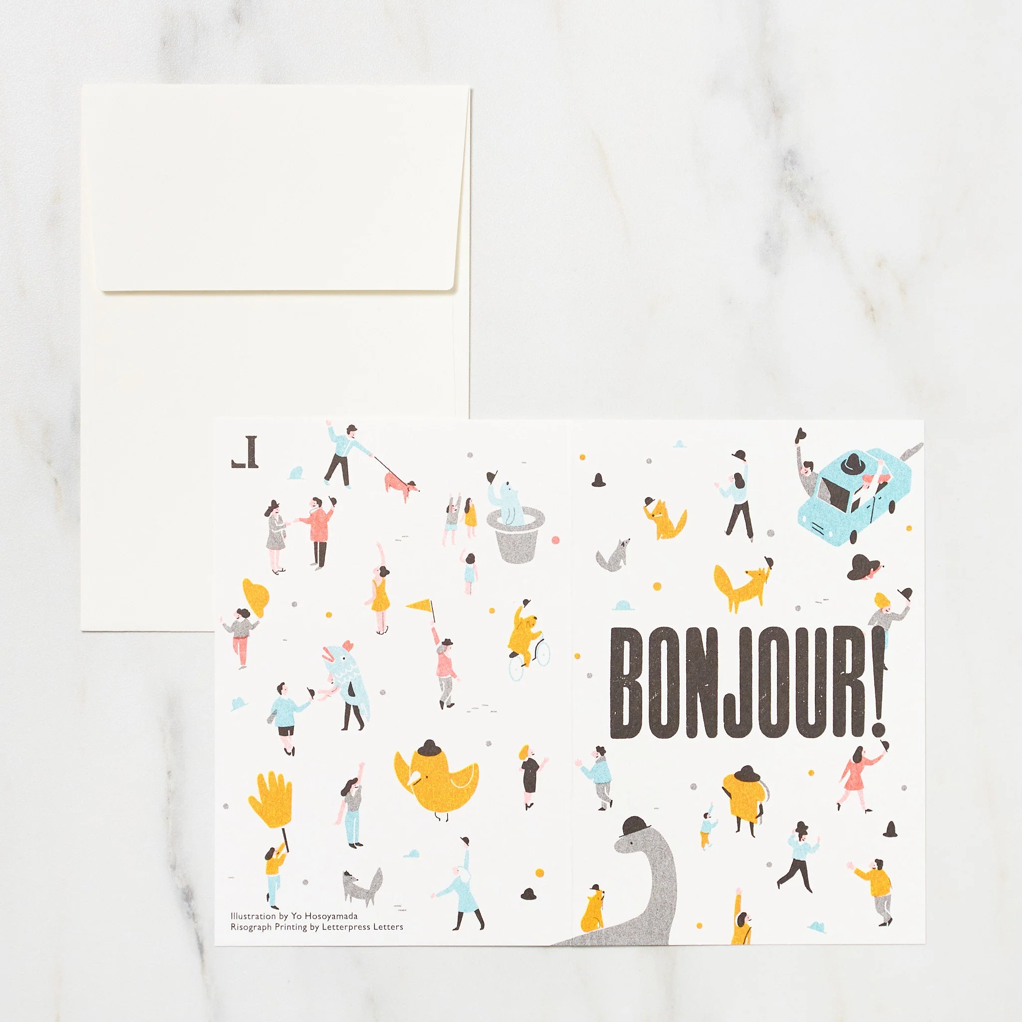 "Bonjour" Yo Hosoyamada Risograph Card / Letterpress Letters - Image 2